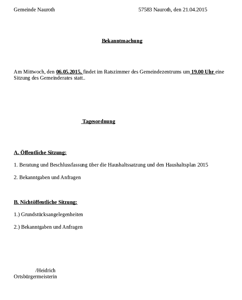 Einladung zur Gemeinderatssitzung am 06.05.2015